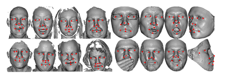 Results of landmark detection using the proposed DLIN on sample scans from the FRGCv2 (left
four columns) and the Bosphorus (right four columns) datasets.